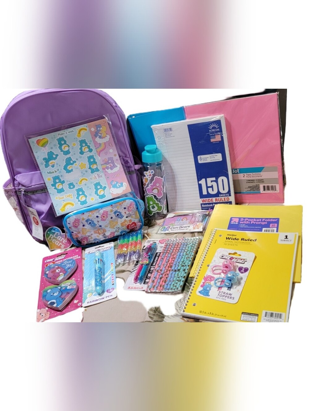 820-Care Bears Purple Backpack with  Matching Pencil Case and Accessories